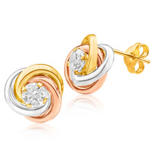 Load image into Gallery viewer, 9ct Gold 3 Tone 4mm Cubic Zirconia Knot Stud Earrings