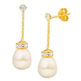 9ct Elegant Yellow Gold Cubic Zirconia + Pearl Drop Earrings