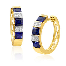 Load image into Gallery viewer, 9ct Yellow Gold Created Sapphire + Diamond Hoop Earrings