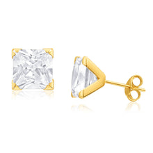 Load image into Gallery viewer, 9ct Yellow Gold Cubic Zirconia 8mm Princess Stud Earrings
