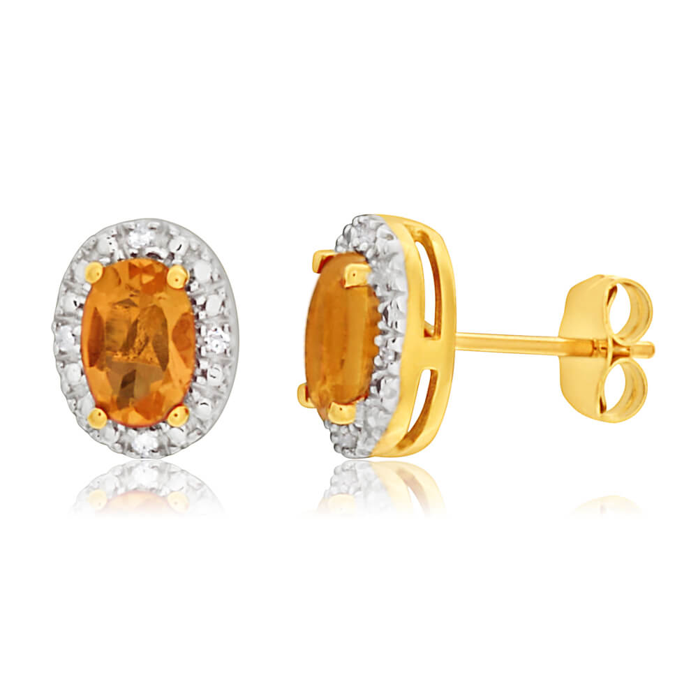9ct Yellow Gold & White Gold Citrine + Diamond Stud Earrings