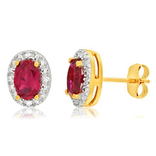 Load image into Gallery viewer, 9ct Yellow Gold Created Ruby + Diamond Stud Earrings