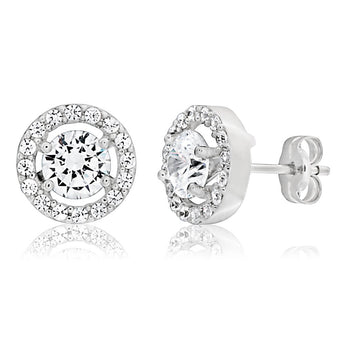 9ct White Gold Cubic Zirconia Round Halo Stud Earrings