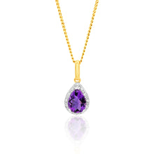 Load image into Gallery viewer, 9ct Yellow Gold  Amethyst And Diamond Pear Pendant