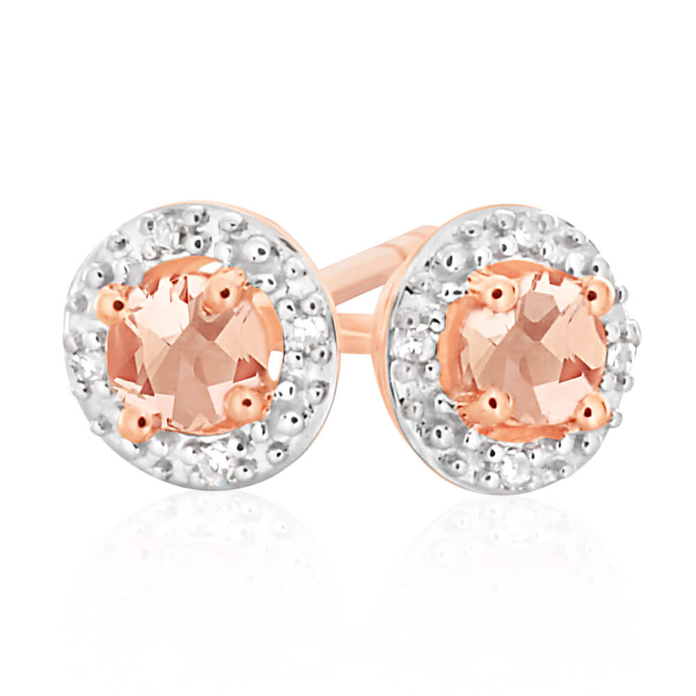9ct Rose Gold 3mm Morganite and Diamond Halo Stud Earrings