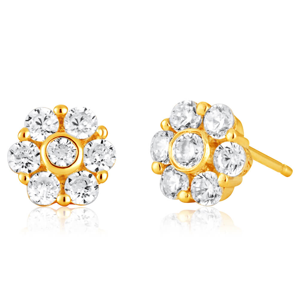 9ct Yellow Gold Flower Stud Earrings with Cubic Zirconias
