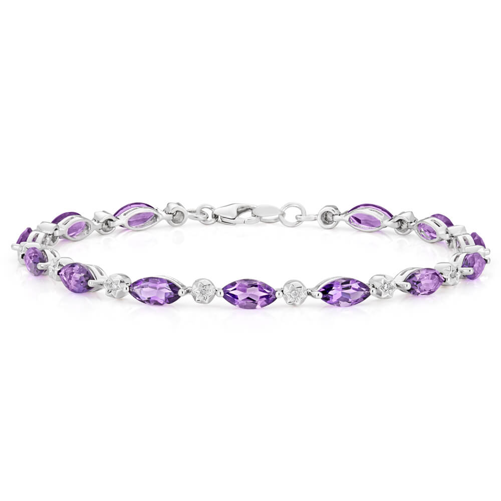 9ct Marquise Cut Amethyst and Diamond 19cm Bracelet in White Gold