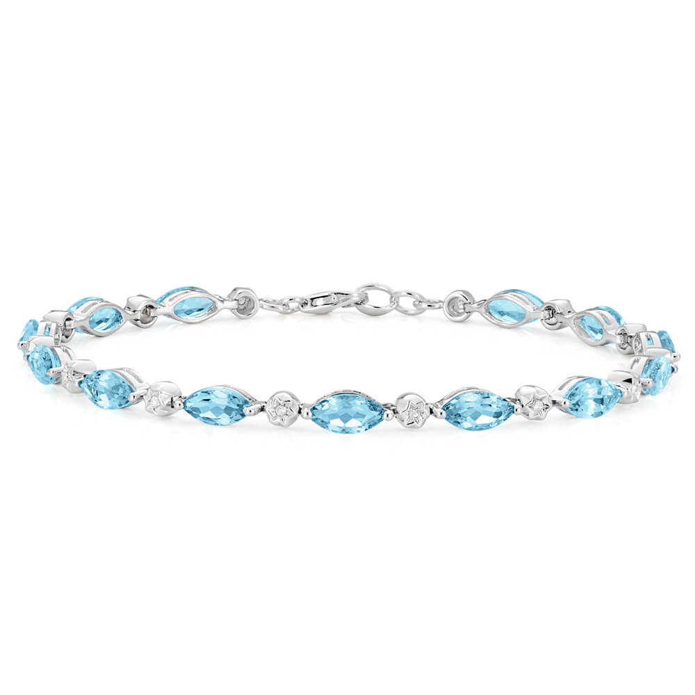 9ct Marquise Cut Sky Blue Topaz and Diamond 19cm Bracelet in White Gold