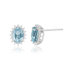 Load image into Gallery viewer, 9ct White Gold Aquamarine + Diamond Cluster Stud Earrings
