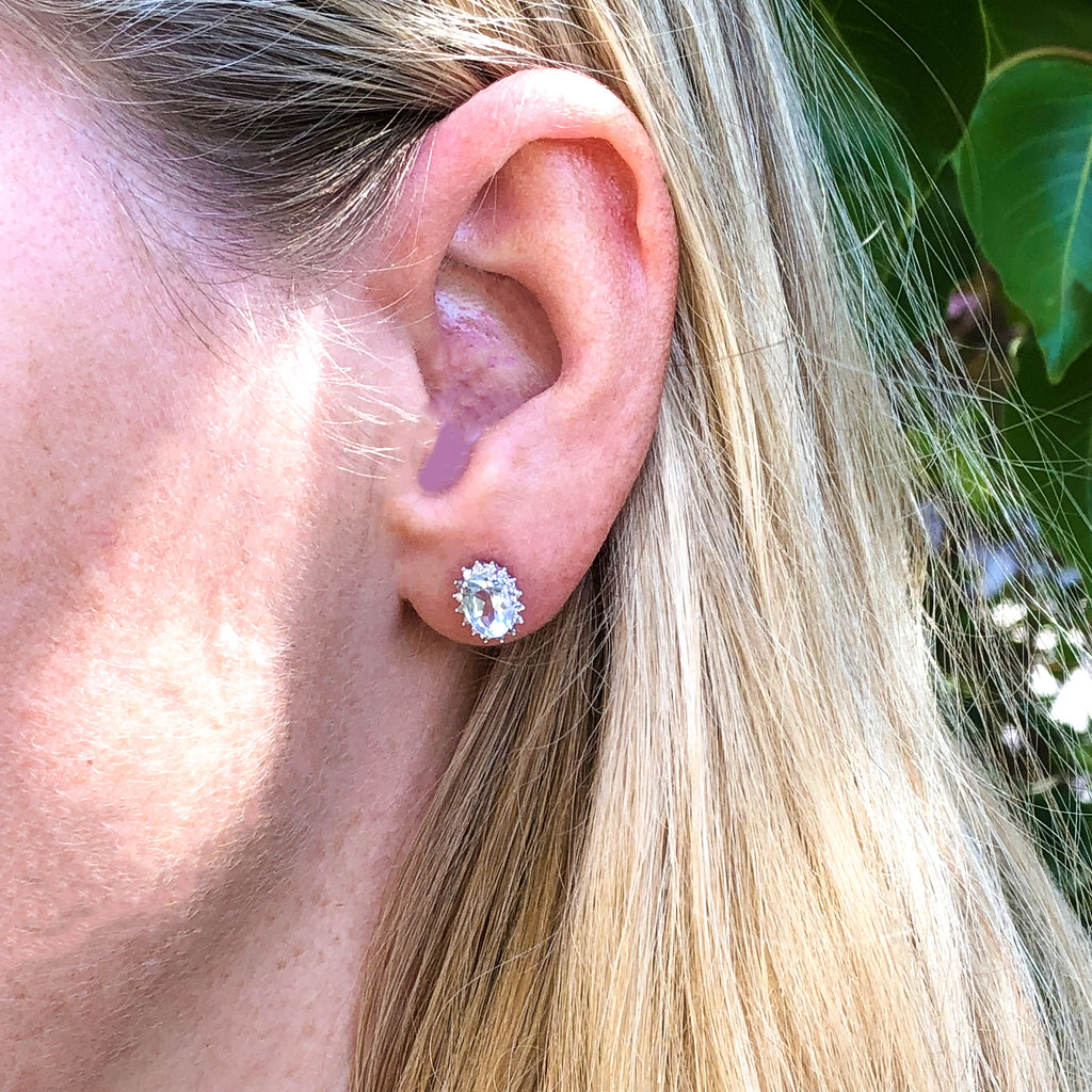9ct White Gold Aquamarine + Diamond Cluster Stud Earrings