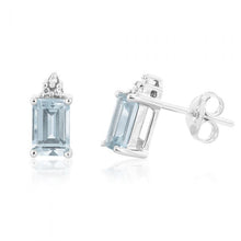 Load image into Gallery viewer, 9ct White Gold Aquamarine Emerald Cut and Diamond Stud Earrings