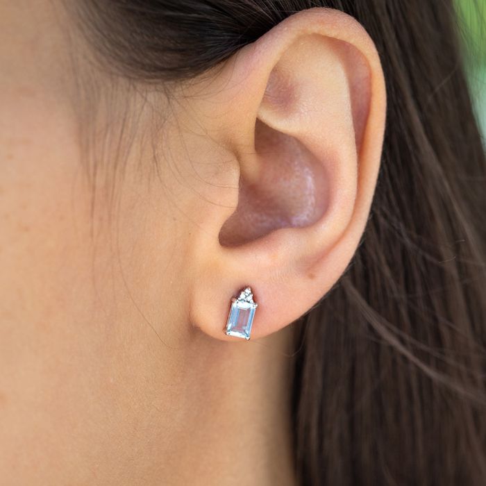 9ct White Gold Aquamarine Emerald Cut and Diamond Stud Earrings