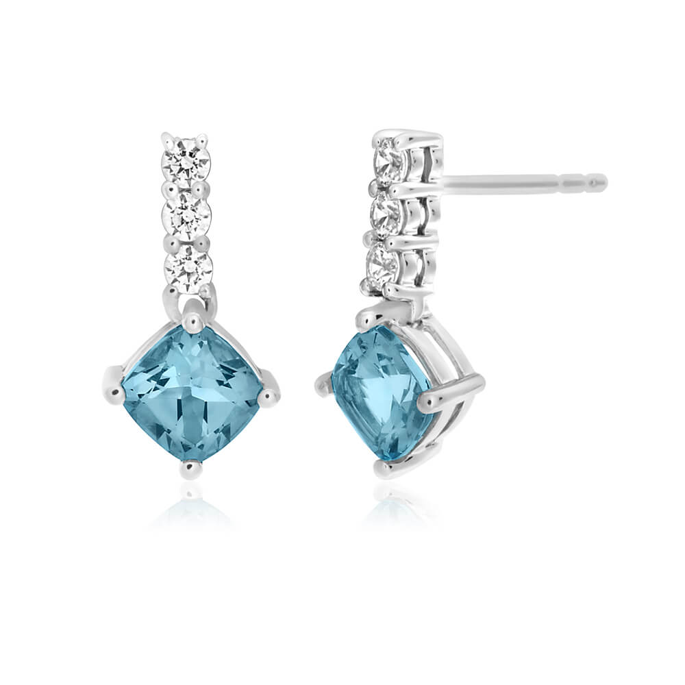 9ct White Gold Blue Topaz and Zirconia Drop Earrings