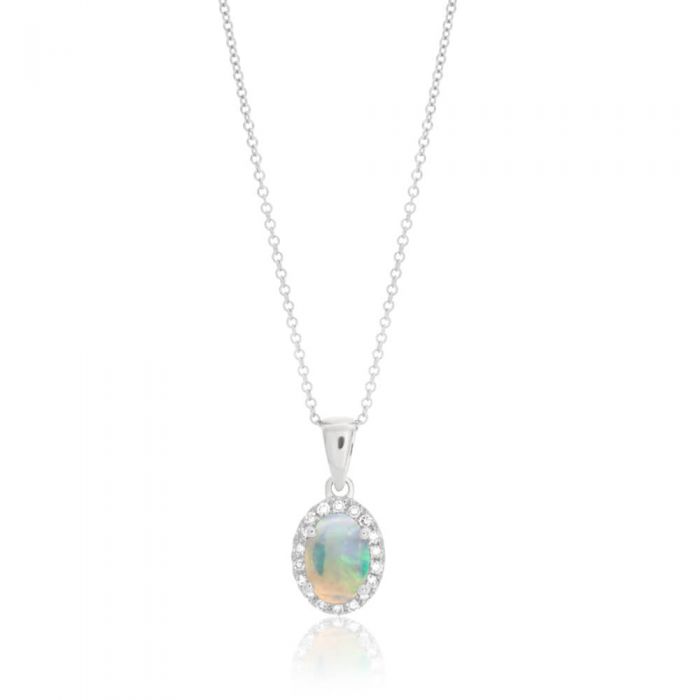 9ct 0.45ct Natural White Opal and Diamond Halo Pendant with 45cm Chain