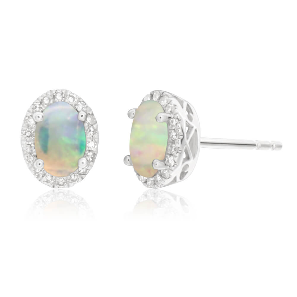 9ct 0.25ct Natural White Gold Opal and Diamond 6x4mm Stud Earrings