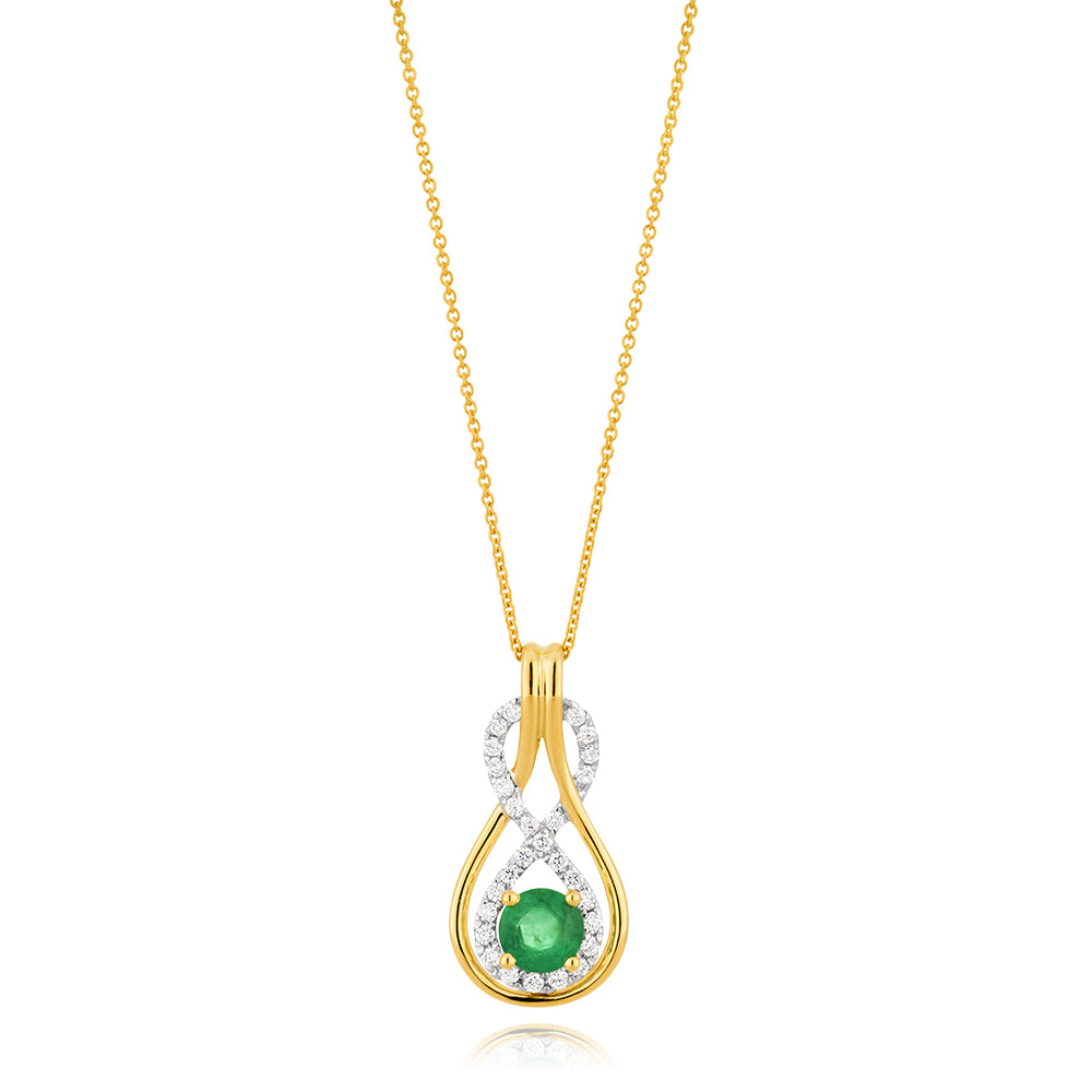9ct Yellow Gold Natural Emerald 5mm + Diamond 0.22ct Infinity Pendant + 45cm Chain