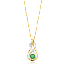 Load image into Gallery viewer, 9ct Yellow Gold Natural Emerald 5mm + Diamond 0.22ct Infinity Pendant + 45cm Chain