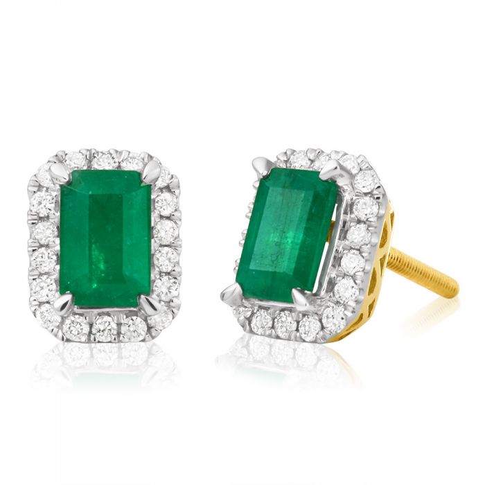 9ct Yellow Gold 1.20 Carat 6x4mm Natural Emerald and 1/5 Carat Diamond Stud Earrings