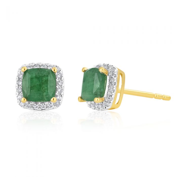 9ct Yellow Gold Natural Emerald 5mm Cushion Cut Diamond Halo Stud Earrings