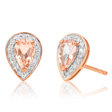 Load image into Gallery viewer, 9ct Rose Gold 6x4mm Pear Morganite and 0.15ct Diamond Stud Earrings