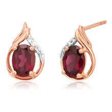 Load image into Gallery viewer, 9ct Rose Gold 7x5mm Oval Rhodolite Garnet and Diamond Stud Earrings