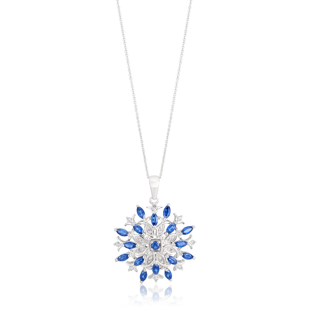 9ct White Gold Created Sapphire and Diamond 0.01ct Fancy Pendant with 45cm Chain