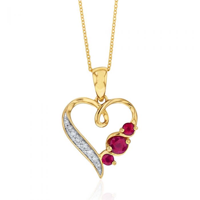 9ct Yellow Gold Natural Ruby & Diamond Heart Pendant with 45cm Chain Included