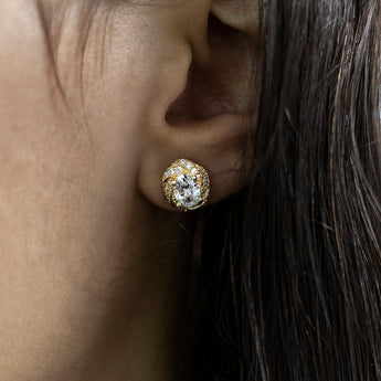 9ct Yellow Gold Zirconia Oval Studs with a Fancy Twist Halo