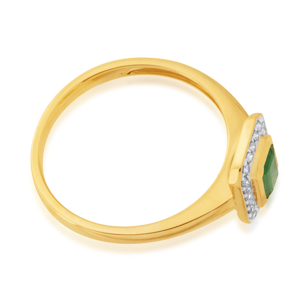 9ct Yellow Gold Natural Emerald 6x4mm and Diamond 0.10ct Ring
