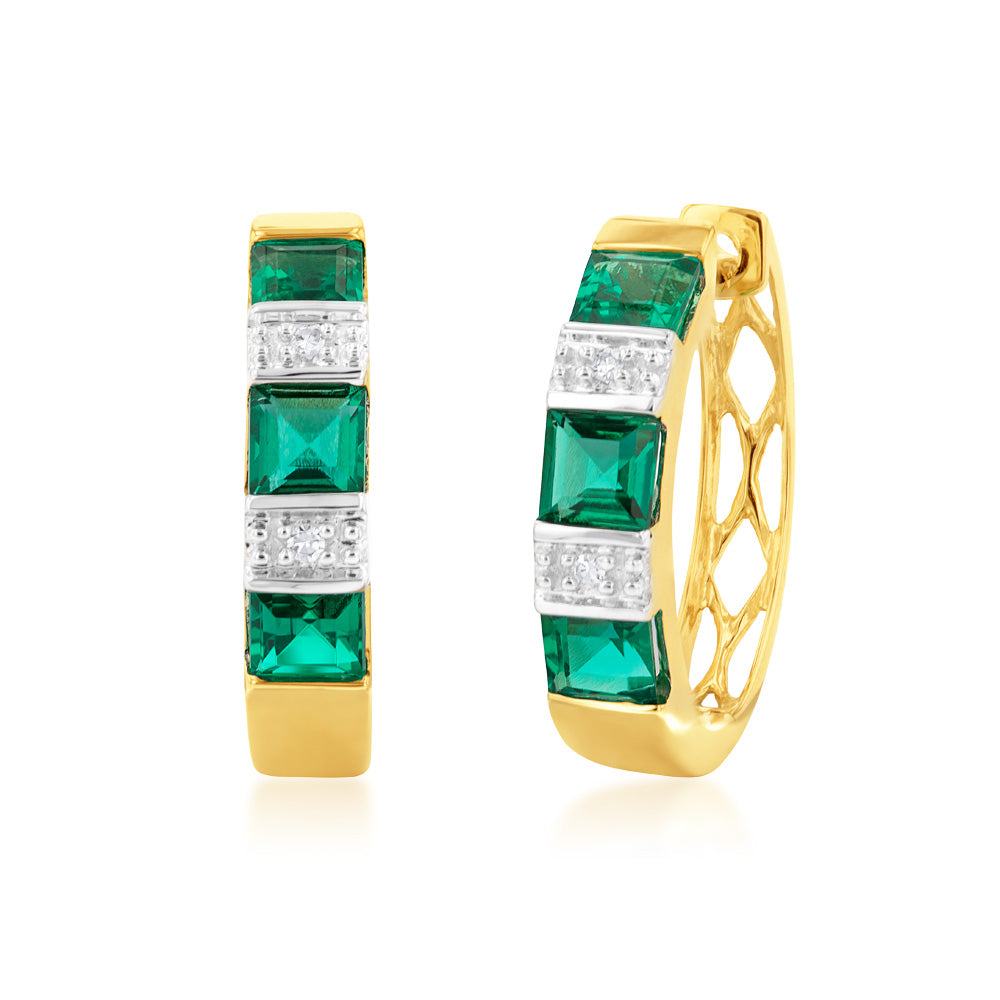 9ct Created Emerald and Diamond Huggies