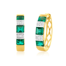 Load image into Gallery viewer, 9ct Created Emerald and Diamond Huggies