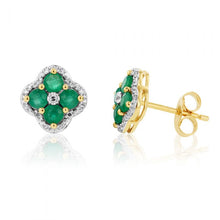 Load image into Gallery viewer, 9ct Natural Emerald and 0.10ct Diamond 4 Leaf Clover Studs