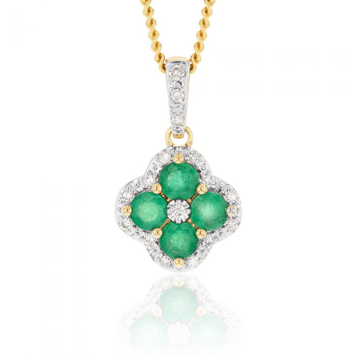 9ct Natural Emerald and 0.10ct Diamond 4 Leaf Clover Pendant