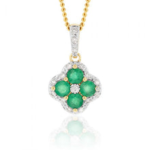 Load image into Gallery viewer, 9ct Natural Emerald and 0.10ct Diamond 4 Leaf Clover Pendant
