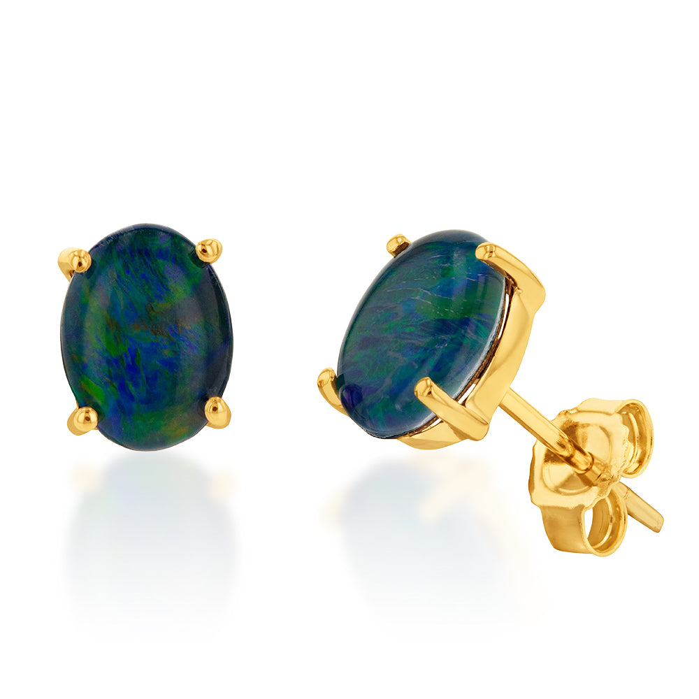 9ct Yellow Gold Australian Triplet Opal Stud Earrings – Natural Multicolour Stones (5mm, 6mm, Or 8mm)