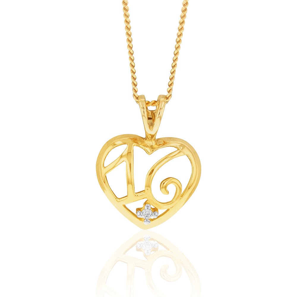 9ct Yellow Gold Zirconia Number 16 Heart Pendant