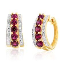 Load image into Gallery viewer, 9ct Yellow Gold Created Ruby and Diamond Huggie Hoop Earrings