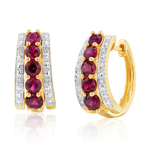 Created Ruby and Diamond Huggie Hoop Earrings in 9ct Yellow Gold