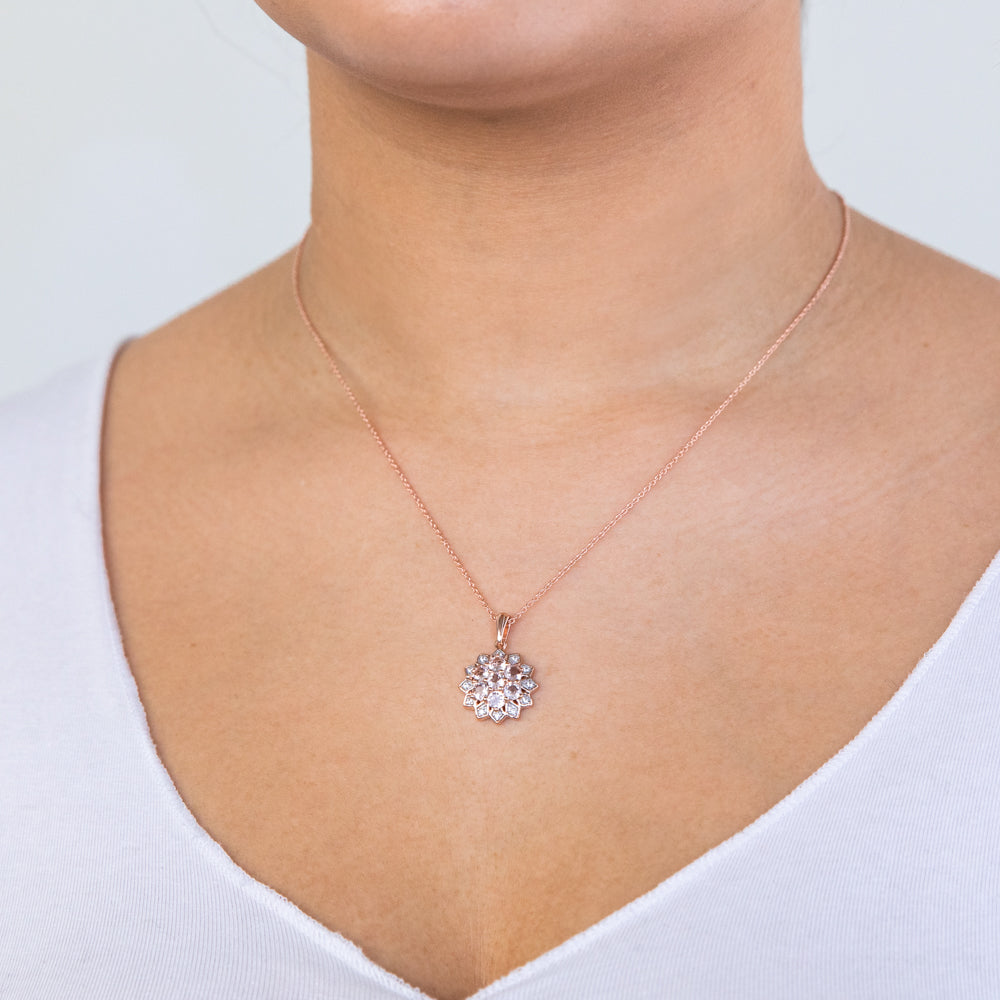 Rose Plated Sterling Silver Morganite and White Zircon Starburst Pendant on Chain