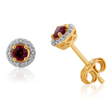 Load image into Gallery viewer, 9ct Yellow Gold 3mm Created Ruby and Diamond Halo Stud Earrings