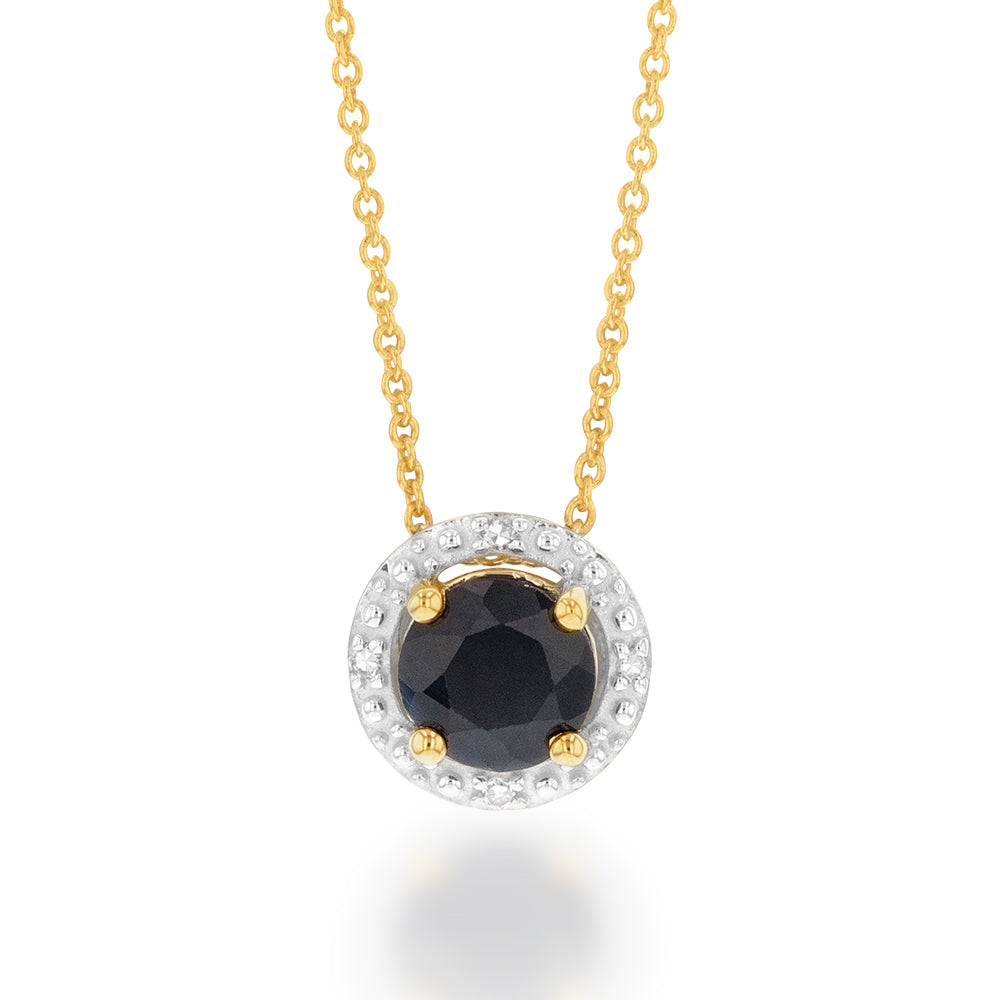 9ct Yellow Gold 5mm Natural Sapphire and Diamond Halo Pendant on 45cm Chain