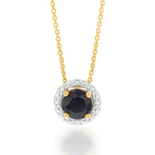 Load image into Gallery viewer, 9ct Yellow Gold 5mm Natural Sapphire and Diamond Halo Pendant on 45cm Chain