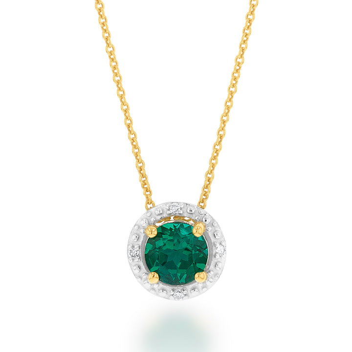 9ct Yellow Gold 5mm Created Emerald and Diamond Halo Pendant on 45cm Chain