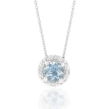 Load image into Gallery viewer, 9ct White Gold 5mm Aquamarine and Diamond Halo Pendant on 45cm Chain