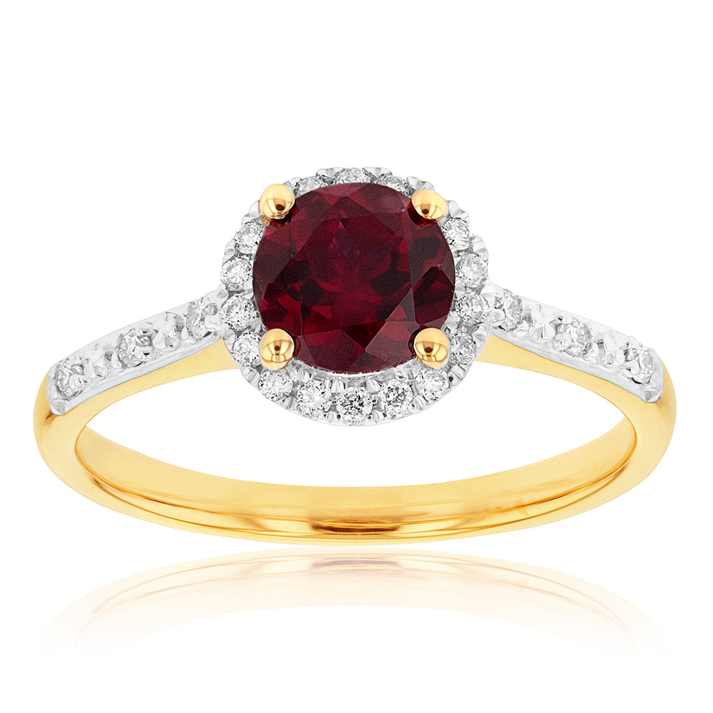 9ct Yellow Gold 6mm Created Ruby and Diamond Halo Ring
