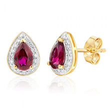 Load image into Gallery viewer, 9ct Yellow Gold Created Ruby and Diamond Pear Halo Studs