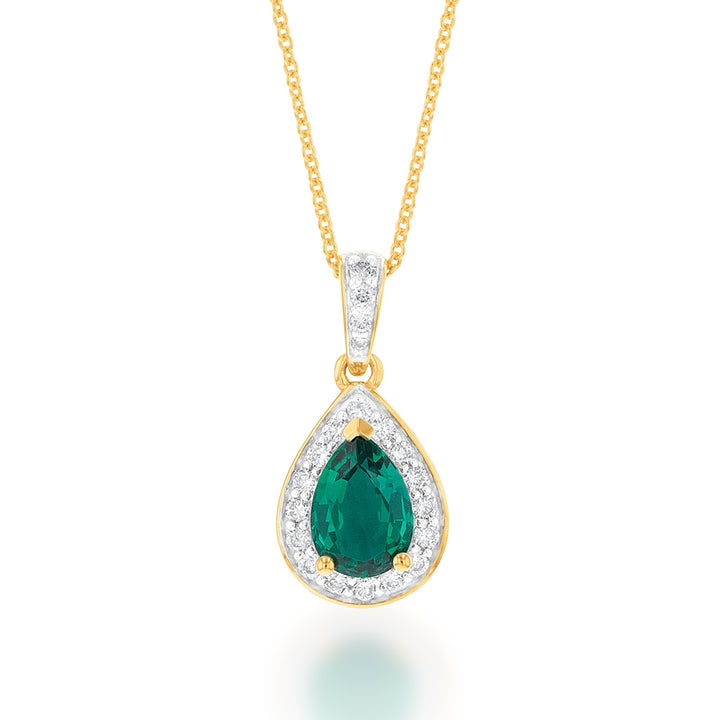 9ct Yellow Gold Created Emerald and 0.15 Carat Diamond Pear Halo Pendant on 45cm Chain