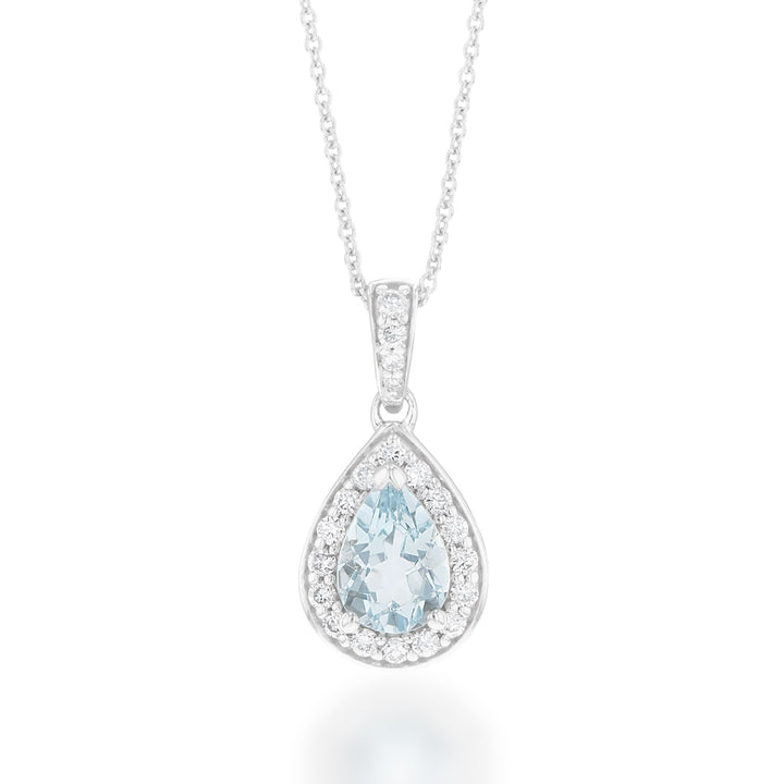 9ct White Gold 0.65ct Aquamarine and 0.15ct Diamond Pear Pendant on 45cm Chain