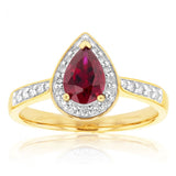 9ct Yellow Gold Created Ruby and 1/5 Carat Diamond Pear Halo Ring