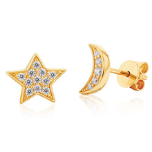 Load image into Gallery viewer, 9ct Yellow Gold Zirconia Moon and Star Studs
